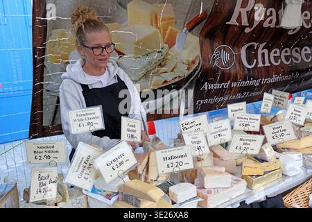 Ryan Jephson cheese stall at Beverley Saturday Market, East Riding of Yorkshire, England, showing specialist market retail. Stock Photo