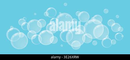 Transparent White Soap Bubbles on Blue Background. Abstract Fresh Water Air Foam Texture, Vector Illustration. Clean Light Floating Circles, Minimal Stock Vector