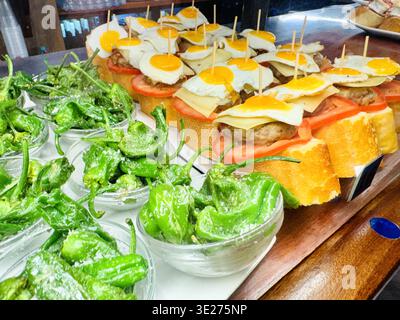 pintxo displayed in a pintxo bar in San Sebastian, Spain. Stock Photo