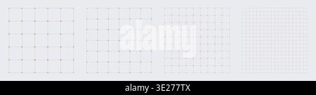 Square grid collection dashed plus geometry, four samples blueprint style. Dotted line structure lattice, interface layouts editorial compositions planning sheets dashboards technology graphics Stock Vector