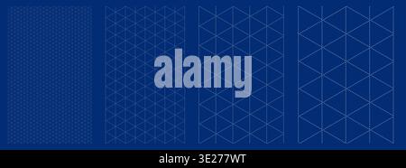 Blueprint grid set dotted isometric geometry, four scale variations. Wide medium dense micro spacing comparison, engineering layouts dashboards notebook pages interface planning systems technology. Stock Vector