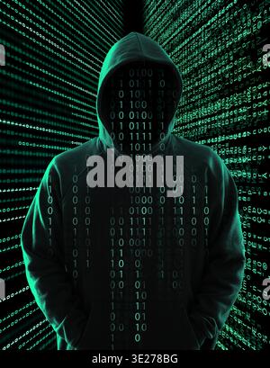Criminal in hood and different digital codes. Cyber security Stock Photo