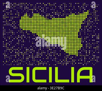 Sicilia dots map. Italy. Digital style shape of the island. Sicilia map and title lime colored square dots with rounded corners. Stock Vector