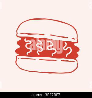 Vector illustration of a round sandwich cookie with cream filling. Hand drawn red line art icon of sweet biscuit or macaron for coffee shop branding Stock Vector