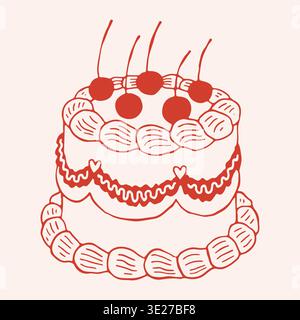 Hand drawn vector illustration of a whole tiered cake decorated with cream piping and cherries. Minimalist red line art of festive birthday or wedding Stock Vector