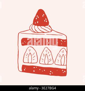 Vector illustration of a delicious strawberry layer cake slice with cream and fruit. Hand drawn red line art of gourmet sponge cake piece for bakery Stock Vector