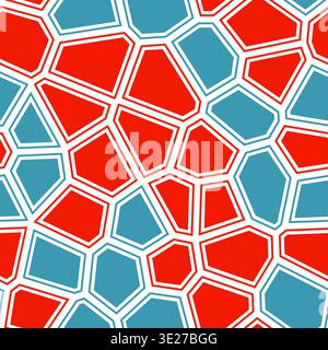 Voronoi tessellation seamless pattern. Geometric cells with white outlines on vibrant red and blue background. Stock Vector