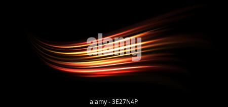 Red yellow light trail element. Glowing neon speed line waves. Hot fire color luminous curved path concept. Abstract bent dynamic motion stripes. Shiny gold streaks for poster, banner, flyer. Vector Stock Vector