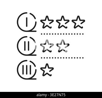 Rating levels and star indicators icon. Minimal line pictogram with star indicators and progress scale. Monochrome outline vector symbol showing evaluation system, performance levels and score tiers Stock Vector