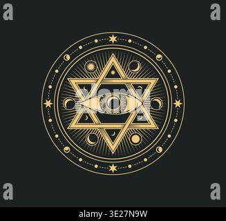 Mystical, magic and astrology occult symbol, esoteric mason sign. Vector symbol all seeing eye inside of six pointed star with radiant sun rays and moon phases. Spiritual magic emblem, alchemy amulet Stock Vector