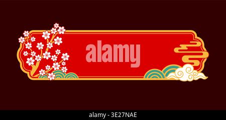 Oriental banner frame, Chinese Japanese festive red and gold decorative Asian ornament. Traditional vector blank border for celebration, Lunar New Year festival greeting card with sakura cloud or wave Stock Vector