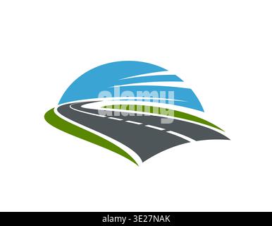 Highway road vector symbol, asphalt route icon. Grey curved highway with white dashed line, blue sky curves above green land. Vector emblem for travel agency, logistics, navigation road icon Stock Vector