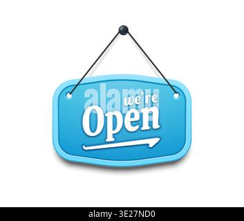 Open and closed signboard, shop store door sign board. Hanging sign with glossy blue rounded rectangle panel suspended by black cord. Vector element for retail stores, cafes and restaurants Stock Vector