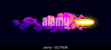 Game gun effect of blast shot from laser plasma blaster, cartoon vector energy fireball. Game gun VFX effect of plasma blast with fire flame bullet and purple smoke cloud trail of laser gun fast shoot Stock Vector