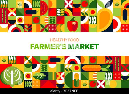 Farmer market poster with modern geometric vegetables pattern. Vector bright retro food background with veggie shapes, arranged in colorful grid. Seasonal farming, harvest, healthy lifestyle tile Stock Vector