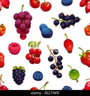 Cartoon ripe berry fruits seamless pattern. Vector pattern featuring strawberries, raspberries, blueberries, blackberries, grape, cherry and currants. Textile design, summer packaging Stock Vector