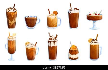 Chocolate dessert and coffee drinks of iced coffee. Creamy cappuccino and chocolate milkshake with whipped cream swirls, syrup topping, caramel drizzle and dark chocolate layers, cookies, marshmallow Stock Vector