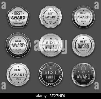 Silver best award seals, badges and labels, luxury medal with laurel wreaths. Premium vector award seals symbolize victory and excellence. Silver badges with metallic sheen for honoring top performer Stock Vector