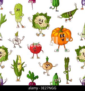 Groovy vegetables characters vector seamless pattern. Cute tomato, funny garlic, cauliflower, lettuce onion, green pea, zucchini, happy pumpkin and corn cob personages background Stock Vector