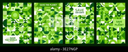 Save the Earth posters with geometric pattern and abstract natural elements. Vector ecology, sustainability and environment retro modern modular backgrounds with mosaic shapes in shades of green Stock Vector