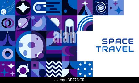 Modern poster with galaxy space geometric pattern and abstract shapes, vector background. Space pattern of geometric line mosaic galaxy planets, stars and spaceman or alien UFO and rocket spaceship Stock Vector