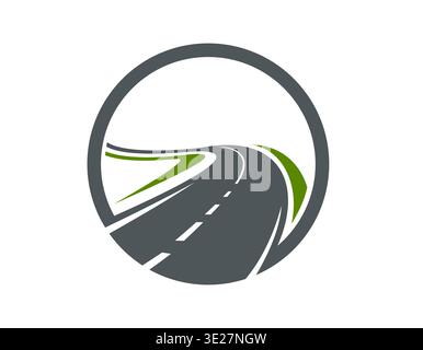 Highway asphalt road icon, pathway route symbol with curved asphalt highway and white dashed lines. Logistics service, navigation app, driving school roadway emblem. Vector transport driveway symbol Stock Vector