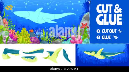 Cut and glue kids puzzle quiz game. Cut out the pieces of the marine reptile and glue them to complete the underwater scene. Fun educational activity with prehistoric kronosaurus dinosaur in ocean Stock Vector