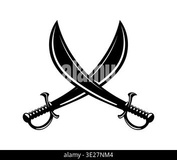 Crossed battle pirate sabers icon, corsair sword blades and daggers cross. Vector black pirate weapon emblem, symbol of swashbuckling fights, war, danger, adventure and daring voyages on the high seas Stock Vector
