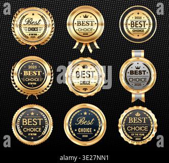 Best choice golden badges and labels, award seals, medal marks with laurel wreaths and ribbons. Vector set of gold quality assurance emblems, premium metallic labels with stars and guarantee symbols Stock Vector