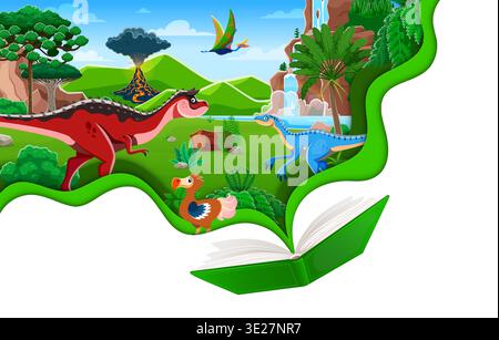 Opened kids book with prehistoric dinosaurs and vector paper cut borders. Cute cartoon carnotaurus, ruphus, quetzalcoatlus and eoraptor dinosaurs characters with volcano nature landscape on book pages Stock Vector