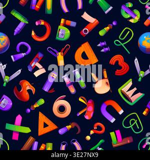 School education font or cartoon typeface seamless pattern of school stationery, vector background. Cartoon education font pattern of English alphabet letters in shape of school book, ruler and pencil Stock Vector