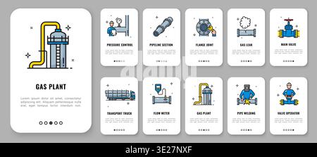 Gas oil industry mobile app onboarding screen, pipeline line vector icons with pressure control, pipeline section, flange joint or gas leak. Main valve, transport truck, flow meter, and pipe welding Stock Vector