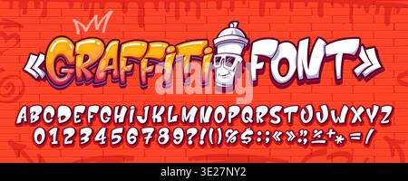 Street art cartoon graffiti font, urban typeface letters on brick wall vector background. Spray paint english alphabet type typography set with uppercase characters. Hip hop graffiti font abc letters Stock Vector