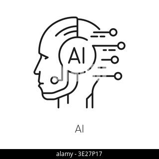 Ai artificial intelligence technology icon with robot head profile, neural network circuit connection lines and digital nodes. Black outline vector sign showing modern technology brain and ai symbol Stock Vector