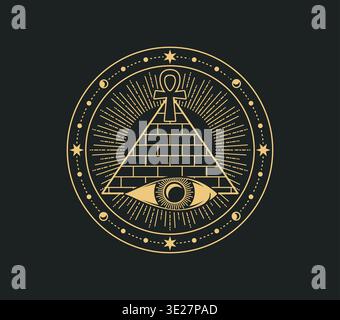 Mystical, magic and astrology occult symbol. Golden vector ornament with Egyptian pyramid, radiant sun, watchful eye, moons, planets, and stars. Detailed occult symbol for mystical tattoo design Stock Vector