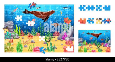 Jigsaw puzzle game pieces with sea animals and underwater landscape, vector cartoon worksheet. Kids jigsaw puzzle game with funny seal, undersea fish with coral reef turtle and octopus characters Stock Vector