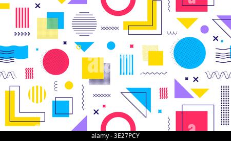 Geometric Memphis seamless pattern with overlapping square, circle, triangle and wavy decorations, dots, stripes and waves. Abstract vector ornament for posters, covers, cool fashion party design Stock Vector