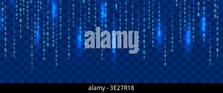 Abstract binary code Rain. Dynamic data flow with futuristic light effect. Programming symbols on blue backdrop. Modern techno banner. Vector Stock Vector