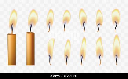 Flame on match, Bday cake glowing candle set. Light memory candle fire, small 3d transparent isolated candlelight. Birthday wedding blow out heat Stock Vector