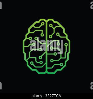 Luminous matrix green circuitry outlines a human brain. Black background contrasts with glowing neural pathways. Design suggests artificial intelligen Stock Vector
