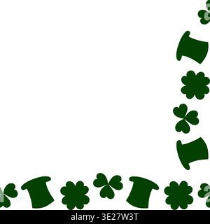Shamrock Silhouette Quatrefoil and Replicons Hat Corner Frame Border Monochrome Copy space Template. Isolated Vector illustration Greetings Thematic Cards decor, social media template, labels, banner Stock Vector