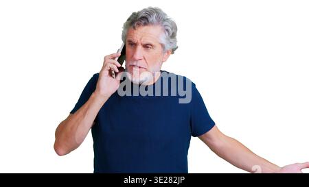 Senior man discussing on phone showing frustration, transparent background Stock Photo