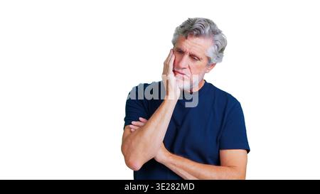 Senior man feeling worried and pensive on transparent background Stock Photo