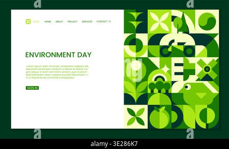 Ecology and environment day landing page template. Fresh and modern green template with geometric leaves, trees, flowers, birds, bicycle, and wind turbines for environmental awareness campaign Stock Vector