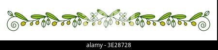Olives and green leaves divider or separator and border frame, vector decorative pattern. Olive branch divider with olives, flowers and flourish ornate pattern for Italian or Greek frame design Stock Vector