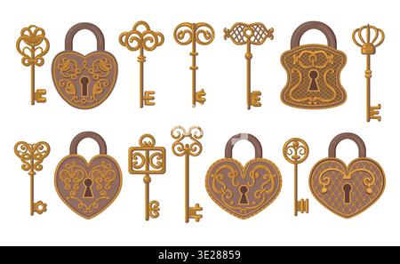 Vintage antique locks. Classic keys and padlocks, intricate ornaments, decorative elements, old style, different shapes, security, access and privacy Stock Vector