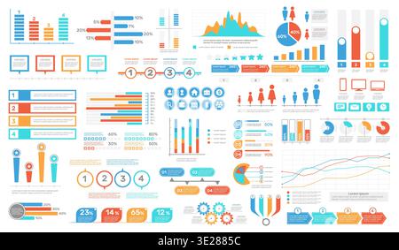 Ui ux infographics elements. Color flat icons, diagrams, growth charts, colorful tags and tables, websites and mobile apps, business analysis Stock Vector