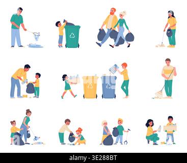 Parents and children sort garbage. People clean up waste, funny volunteers collect trash, nature caring, rubbish outdoor, volunteers environmental Stock Vector