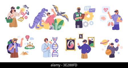 People wearing augmented reality glasses. Gamblers, shopaholics and scientists use new technologies, virtual reality, tourism and space exploration Stock Vector