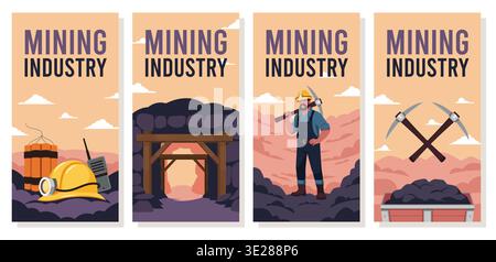 Mining industry banners. Coal, gold or minerals search, machinery and tools, worker in overalls, helmet, natural resource, vertical flyers or posters Stock Vector
